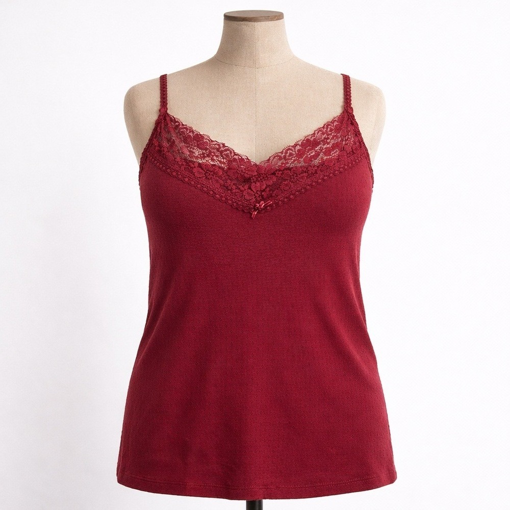 Y2K Lace Pointelle Cami Tank Size‎ 26 28 Red Maroon Stretch Dark Romantic Layer